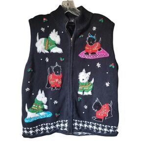 Vintage Westie Dog Christmas Sweater Vest Black Embroidered Novelty Kitsch Gift